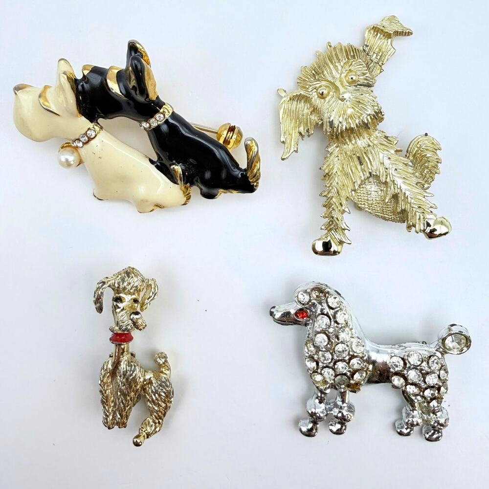 Lot of 4 Vintage Mid-Century Dog Brooches Poodles Art Deco Scotties Terrier Mix